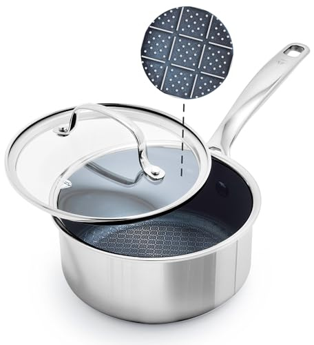 Blue Diamond Hybrid Nonstick Stainless Steel 1.57QT Saucepan with Glass Lid, PFAS-Free Ceramic Diamond Bond Pot, Dishwasher Safe, Stay-Cool Handle, Induction Ready, Compatible with All Cooktops