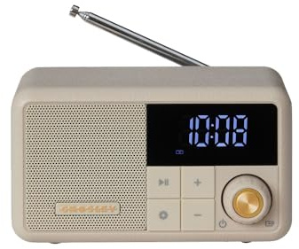 Crosley Cooper AM/FM Radio Portable Bluetooth Speaker with 10H+ Playtime - Retro Wireless Small Travel Speaker with LED Display & Digital Clock, Aux Input, Rechargeable Party Speakers, Pebble