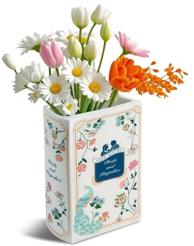 HOMKULA Pride and Prejudice Book Vase for Flowers, Ceramic Book Shaped Vase for Bookcase or Bookshelf Display - Ideal for Book Lovers (Large)