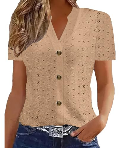 Chemisiers Et Blouses Femme Tunique Chemisier Femme Manche Courte Chic Et ÉLéGant Chemises Couleur Unie ÉTé Ample Haut Top à Revers LâChe Respirant Blouse Grande Taille Col V Button T Shirts