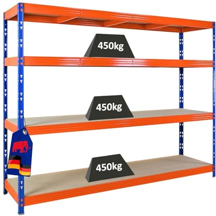 PROREGAL Étagère Charge Lourd Rhino | HxLxP 180x240x60cm | 4 Niveaux en aggloméré 8mm | 450kg par Niveau | Bleu/Orange | Étagère de Garage, étagère de Rangement, Stockage, rayonnage