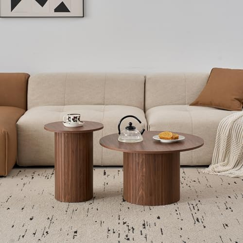 DEYARNA HOME set med 2 runda salongsbord, modernt ribbadt timmersalongsbord-set för vardagsrum, sovrum, balkong och kontor (valnöt (trämönster))