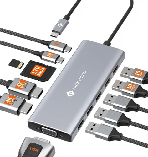 NOVOO 10Gbps USB C Hub Docking Station 2HDMI 4K@60Hz Triple Display Adapter mit VGA,USB A 3.2 & USB C 3.2 PD 100W SD TF Kompatibel mit MacBook,XPS 13/15, Chromebook, Lenovo, Dell,Surface Pro 9 usw.