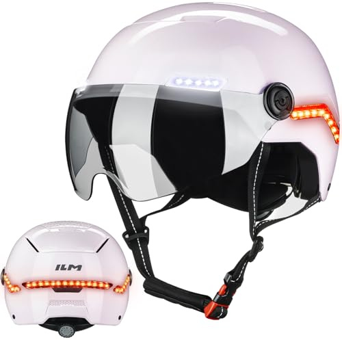 ILM Casque Velo Homme Femme Trotinette Electrique Adulte avec Clignotants à Capteur G Automatique, Alerte de Freinage avec Visiere Homologué NTA-8776, CPSC, CE Modèle MB101L,Rose,S/M