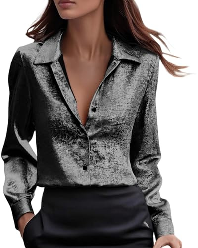 Camicia Donna Elegante in Raso Camicia Seta con Scollo a V Camicetta in Chiffon Moda Blusa in Raso Business a Maniche Lunghe Button Down Maglietta da Lavoro Basic Sciolto Shirts Ufficio Slik Classico