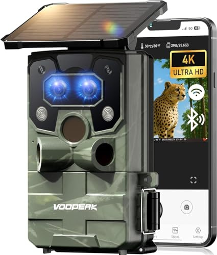 Wildlife Camera WiFi Bluetooth 4K 60MP, Starlight Dual Lens Solar Trail Camera with Night Vision Motion Activated, IP66 Waterproof Built-in Battery Rechargeable Power Trail Cam for Garden Monitoring