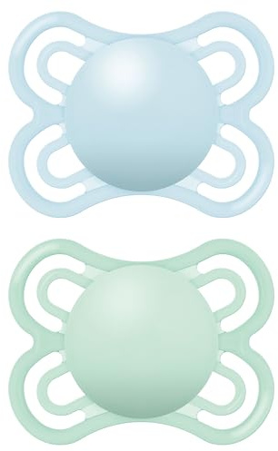 MAM Perfect Soothers | 0-6 Months | 2 Pack | Newborn Dummies | Comes in Dummy Steriliser Case | Sustainable Materials | Baby Accessories for Newborn | Blue/Green (Various Designs)