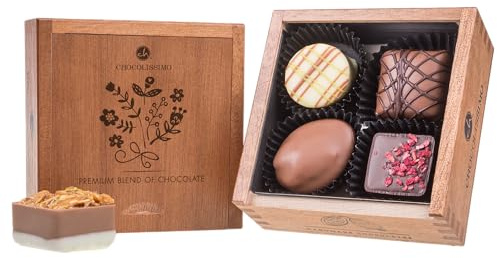 CHOCOLISSIMO - Regalo di Cioccolato - Praline in Scatola di Legno Con Motivo Floreale, Con Alcool - Cioccolatini da Offrire - Idea Regalo Originale per Donne, Pasqua, San Valentino
