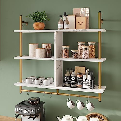 Bestier Kitchen Shelves Wall Mounted Floating Pipe Shelving 3 Tier 41.5 Coffee Bar Shelf with Holder Wall Display Storage Rack Kitchen Organization and Home Decor, White Faux Marble