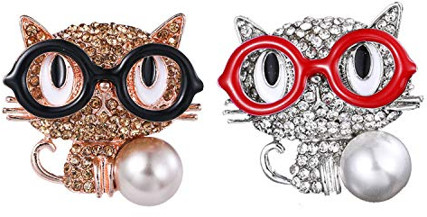 GamTelightpe 2 Pcs Broche Chat Mignon Argenté et Or Rose portant lunette avec Perle Épingle Amusante cat pin Cartoon pour Vêtements et Écharpes et Sacs Cadeaux pour Femmes et Hommes
