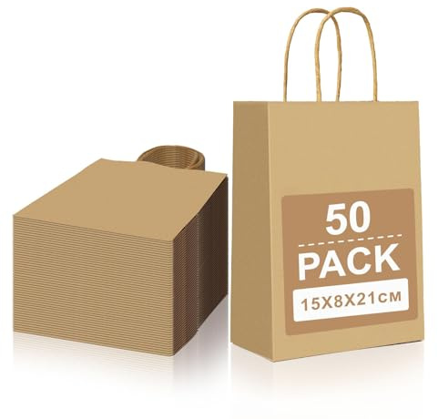 Gucass 50 Pezzi Piccolo Sacchetti Carta con Manici, Marrone Borse Carta Kraft Sacchetti da Regalo, 15x8x21cm, Shopper in Kraft Carta Borsa Regalo, per Feste Compleanno Natale Matrimoni Shopping