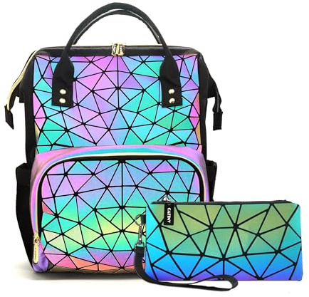 CAFINY Sac à dos pour ordinateur portable féminin géométrique, sac à main lumineux géométrique, sac de voyage holographique, ensemble de portefeuilles à poignet -B