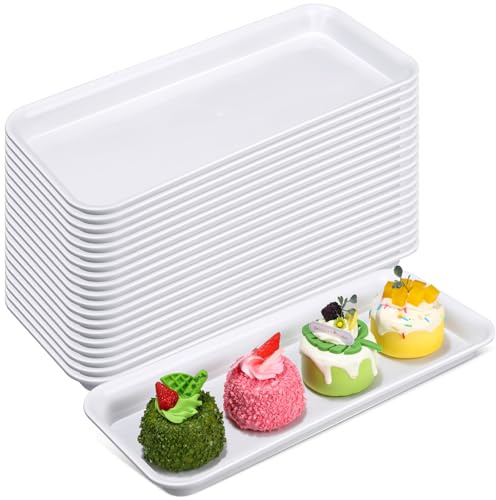 Ziliny 20 Pcs Serving Platters 14 x 6 Inch Rectangle Serving Trays Reusable Food Tray Dishes Dessert Trays Plastic Plates for Wedding Home Table Thanksgiving Christmas Party(White)