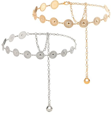 SYEYCW 2 Stück Kettengürtel, Verstellbarer Western Metall Concho Gürtel für Damen, Retro Taillengürtel, Country Konzert Outfit für Kleid, Gold und Silber