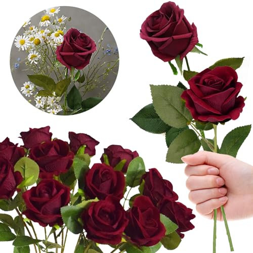 RHQFDM 12 Bündel Künstliche Rote Rosen,51cm Langstielige Kunstblumen Rosen,Kunstblumen Seidenblumen Rosen,Kunstblumen wie echt,Fake Rosen für Haus,Garten und Hochzeitsdekoration（Dunkelrot）
