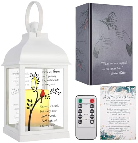Memorial Lantern with Card - Sympathy Gift for Loss of Mom/Dad/Loved One, Bereavement Keepsake with Flickering Flame, Memory Lamp for Funeral Remembrance or Celebration (White)