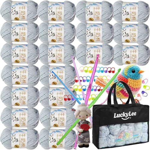Double Knitting Wool, 20 x 50g Acrylic Crochet Yarn for Knitting, Double Knit Acrylic Wool Super Soft Crochet Yarn with Carry Bag, Crochet Hooks for Blankets, Baby Clothes, Hats, Gloves (Gray-Blue)