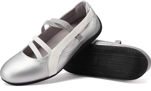 MAVMAX Mary Jane Shoes Ballet Sneakers for Women Casual Sneakers with Elastic Strap Non Slip Women's Ballet Flats with Foam Insole for Comfortable Daily Outgoing Work,Silver,US7