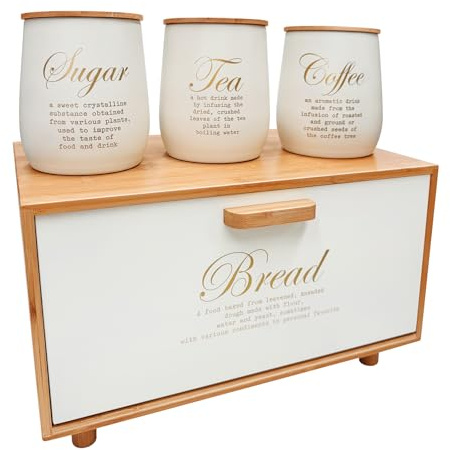 Holisttech Panera de bambú con 3 tarros de almacenamiento de hierro – Juego de almacenamiento de cocina con texto Sugar, Tea, Coffee – Diseño vintage – Panera con tapa para pan, café y especias