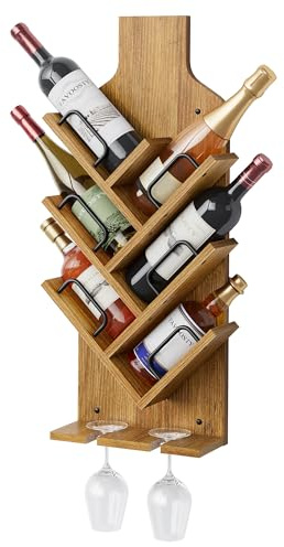 FAVOOSTY Portabottiglie da Parete,in legno,Portabottiglie da Appendere a 6 ripiani con portabicchieri, per cucina, Sala da Pranzo, Camera da Letto, Cantina, bar,Marrone chiaro