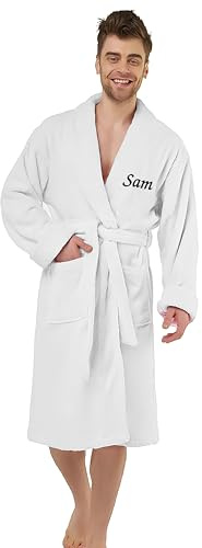 Personalised Dressing Gown – Luxury Cotton Bathrobe for Adult – Soft, Warm & Cozy – Custom Embroidered Name with Pocket – Gift for Every Occasion & Relaxing Spa Days – White L/XL