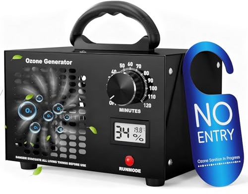 Ozongenerator 60 000 mg/h, O3 ozonapparat upp till 350 ㎡ med 120 min timer, temperatur- & fuktighetsdisplay, ozonistor luftrenare för bil, lägenhet, kök, hotell, husdjur, luktborttagning (Svart)