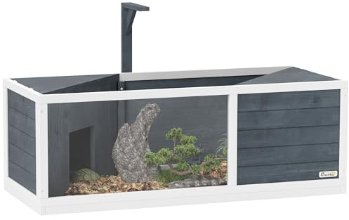 PawHut Maison pour Tortues XL 120 cm - Terrarium Tortue terrestre en Bois, 2 niches à Toit ouvrant et Aire de Jeu Ouverte - enclos avec Support Lampe et fenêtre panoramique, Gris