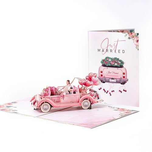 BAUCH Tarjeta de Boda Pop Up 3D, Diseño Coche de Boda Rosa, Tarjeta de Felicitación Boda con Espacio para Regalo de Dinero (15x20cm)