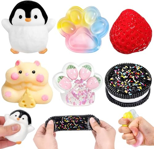 6Pcs Taba Squishy Set, Fufu Squishy Fidget Toys, Cat Paw Penguin Hamster Squishy Toys, Taba Squeeze Toy Squishes Kit for Kids Adults, Stress Relief Sensory Play Fidget Gifts, Easter Party Bag Fillers
