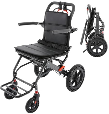 ZHDPYHDD Fauteuil roulant de transport pliable avec pneus en nid d'abeille, chaise de voyage portable avec sac de rangement, charge maximale de 100 kg, en alliage d'aluminium, pas de montage, pour