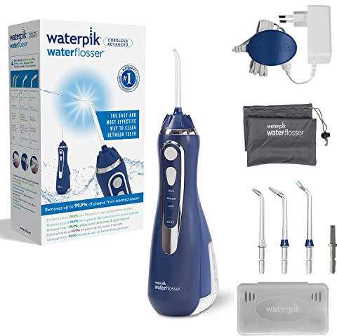 Waterpik Cordless Advanced Waterflosser, kabellose Munddusche, 3 Druckstufen von 3,1 bis 5,2 bar, 4 Aufsätze, Induktionsladesystem, Blau
