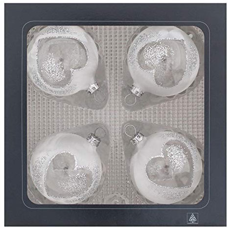 Thüringer Glasdesign Weihnachtskugeln weiß Eislack Herzdekor 4 Stück/Set, Ø 6 cm Weihnachtsdeko