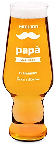 Maverton Bicchiere per la Birra - particolare - in vetro con personalizzazione - capienza 400 ml - H20 cm x Ø7,8 cm - Perfetto per ogni uomo amante della buona Birra - papà