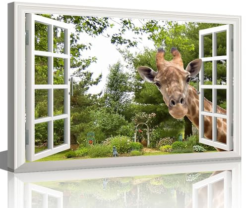 Wall Art Green Garden Giraffe 3D Window View Effect for Home Modern Decoration Painting Pictures Print On Canvas Wooden Frame Ready To Hang 16x24inch (40x60cm)
