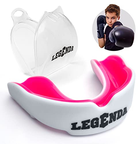 Legenda Sports Mouthguard for Kids (w/Case), Professional Mouthguard for Boxing, MMA, Karate, Football, BJJ, Martial Arts, Rugby, Lacrosse, Hockey (White/Pink)