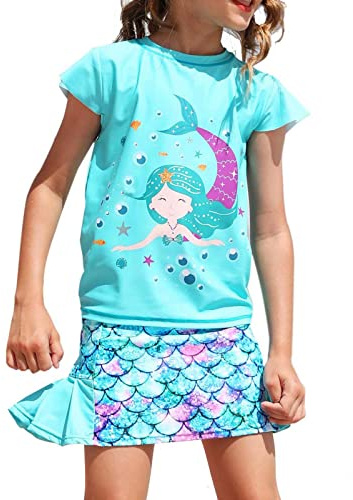 weVSwe Bañador para niña UPF 50+, protección de Manga Larga, Dos Piezas, Nudo de Lazo, Traje de baño Rash Guard con Volantes, puños raros