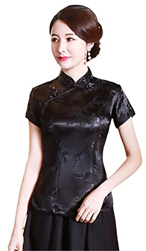 Camisa de verano de satén tradicional chino para mujer, diseño de dragón, ropa novedosa, A0023 Negro, M