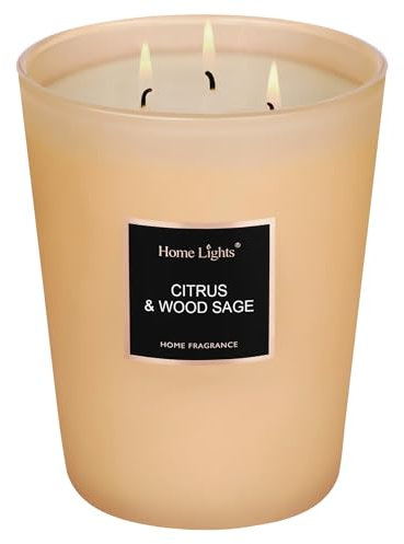 HomeLights Duftkerzen, 944 g, großes Glas, natürliche Soja-Kerzen, 3 Baumwolldochte, rauchfrei, langlebig, 130 Stunden, Aromatherapie-Kerze, Geschenk für Frauen und Männer (Zitrus & Holzsalbei)