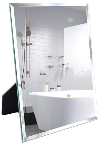 PETAFLOP 33x27cm Glass Vanity Mirror, Frameless Dressing Table Mirror for Desk Standing and Wall Mounting, with Safety Explosion-Proof