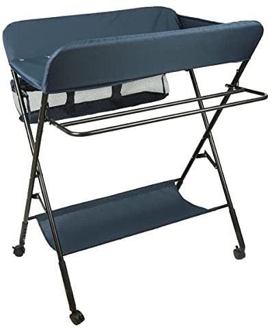 Table à langer pliable avec paniers et matelas à langer pour bébé - avec roues,Table à langer pliante portable avec étagère de rangement et panier pour nouveau-né de 0 à 12 mois (bleu foncé)