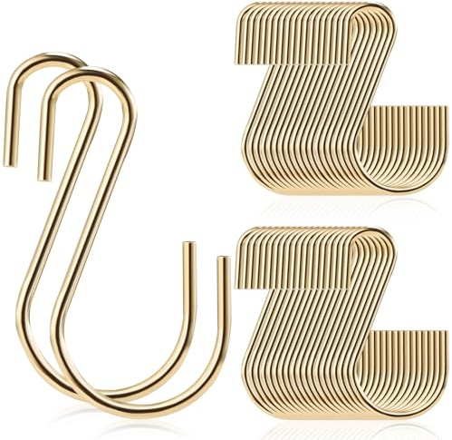 Sratte 60 Pcs S Hooks for Hanging 1.8 Inch Heavy Duty S Hooks Bulk Curtain Hanging Connectors Mini S Shaped Hangers Ornament for Plants Pots Pans Mugs DIY Jewelry (Gold)