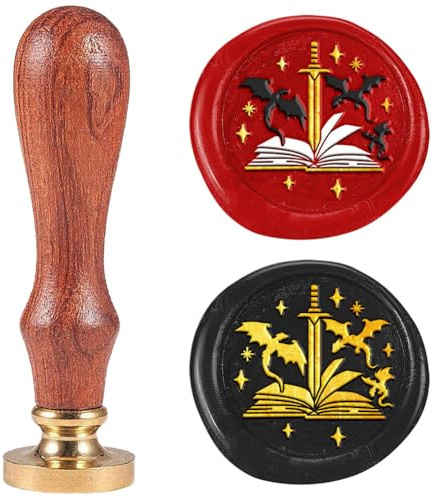 DELORIGIN Book Sword Dragon Wax Seal Stamp Vintage Embossed Stamp Sealing Removable 1 Brass Sealing Wax Head with Wooden Handle for Invitations Greeting Card Envelopes Craft Wine Gift Wrapping