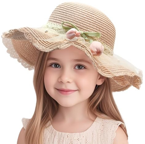 FOSDICK 1 Stück Strohhut Kinder, Niedlich Sonnenhut Mädchen, Strohhut Mädchen, Sommerhut Kinder mit Blumen Perle Deko, Sommerhut Mädchen, Straw Hat für den Urlaub Reise Strand Outdoor-Aktivitäten,Rosa