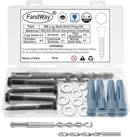 FandWay Universal VESA Schrauben Set und Dübeln,M6x50mm Sechskantschrauben Schwarz TV Halterungsschrauben Edelstahl 304,mit Unterlegscheibe 2 Bits für Jedem Monitor Wandhalterungen Schränken usw.