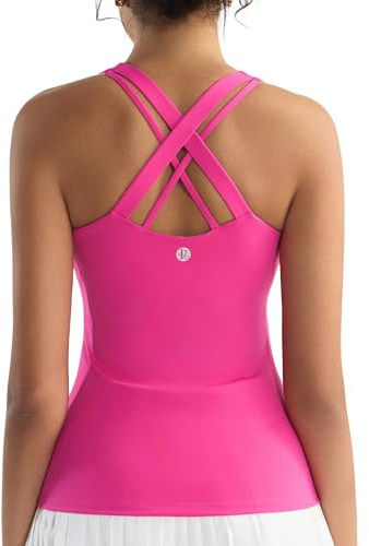 RUNNING GIRL Tank top with Built in Bra for Women,Compression Shirts Crisscross Back Workout Yoga Tops(BX3141_Bright Pink_S)