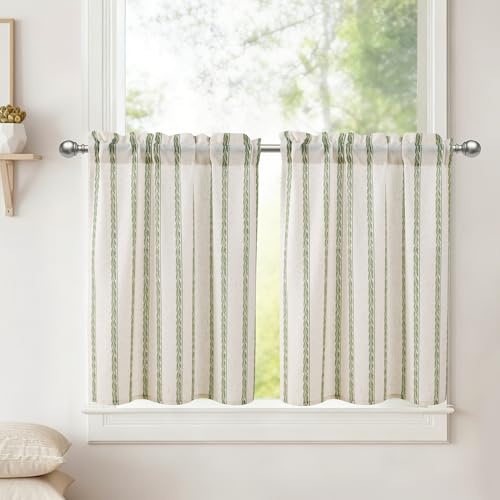 DWCN Skivgardiner moderna gröna vete, ränder, gardiner, linne, H 45 x 90 cm, 2 stycken, korta, halvtransparenta köksgardiner för bistrogardin, husvagn, skåpgardin, källare, fönstergardiner, lantlig