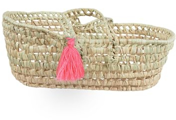 Kikadu Puppenkorb aus Palmblätter, handgeflochtene Puppentragetasche in Pink, 40 x 18 x 17 cm, Osterkorb, natürliches Puppenbett & Tragetasche für Puppen & Kuscheltiere, nachhaltiger Korb ab 3 Jahren