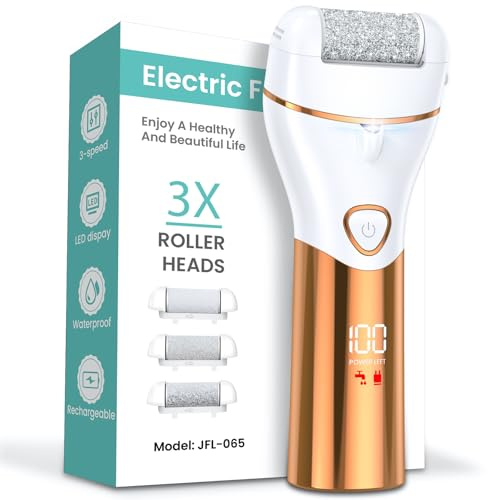 Rapeuse pieds électrique rape pied, kit pédicure professionnel anti-callosités et exfoliant, ponceuse rechargeable, étanche IPX7, pour la maison, avec 3 rouleaux de remplacement, 2 vitesses, blanc