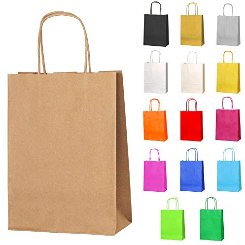Thepaperbagstore 10 Brown Small Paper Party Bags With Handles - 18x22x8cm - Colourful Paper Gift Bags for Kids and Adults Parties, Birthdays, Weddings, Baby Showers, Hen Parties and Sweets