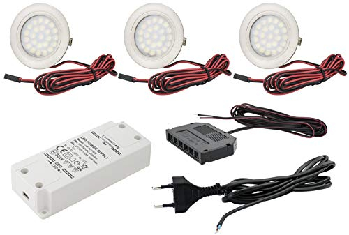 JungesLicht 3er Set LED Möbel Einbaustrahler Tim – Ultra Flach (10mm), 2Watt 12V 200Lumen, Warmweiß 3000K – Inkl. Trafo & Anschlusskabel – Einfache Steck-Montage passend für 55-60mm Bohrungen